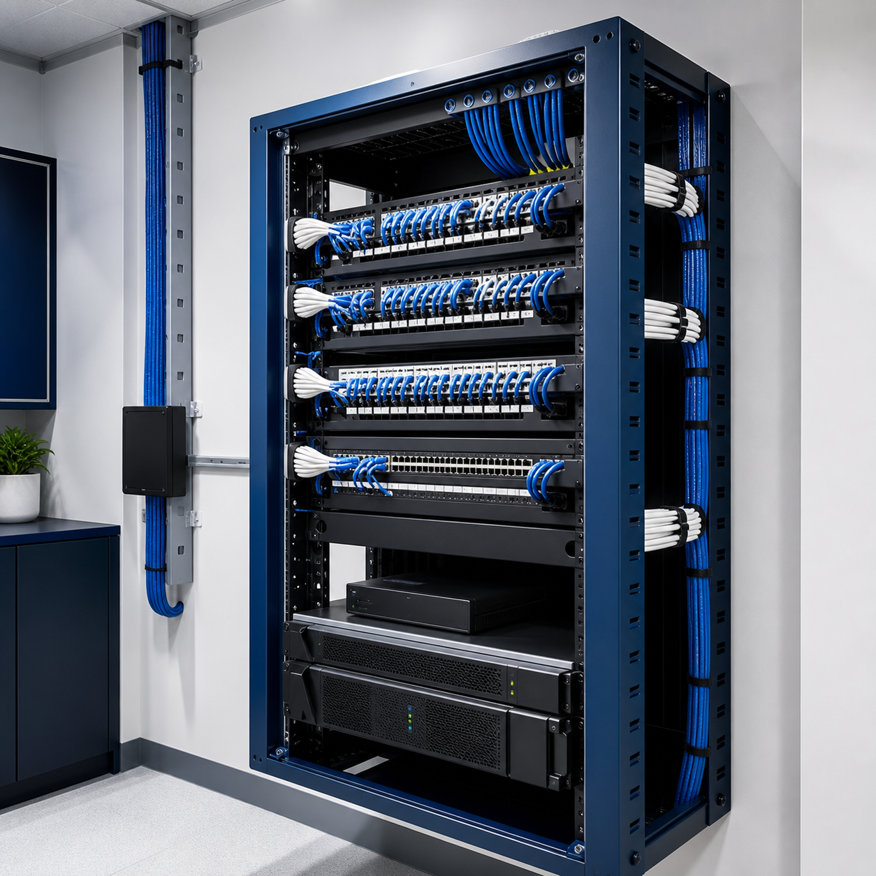 Professionally organized network rack with clean cable management